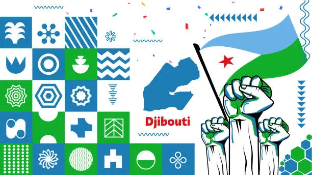 Vector illustration of Djibouti national day banner design. Djiboutian flag theme graphic art web background. Abstract celebration geometric decoration, white blue green color. Djibouti flag vector illustration.