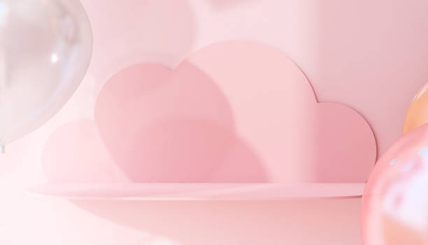istock Empty cute, sweet pink cloud book shelf, floating balloons in sunlight on pink wall 2014457677