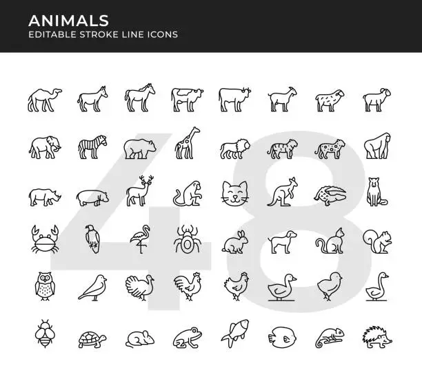 Vector illustration of Wild and Domestic Animal Editable Line Icons