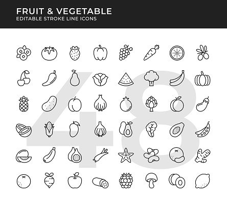 Fruit and Vegetable Editable Line Icon Set. Pixel Perfect. Vector Illustration.