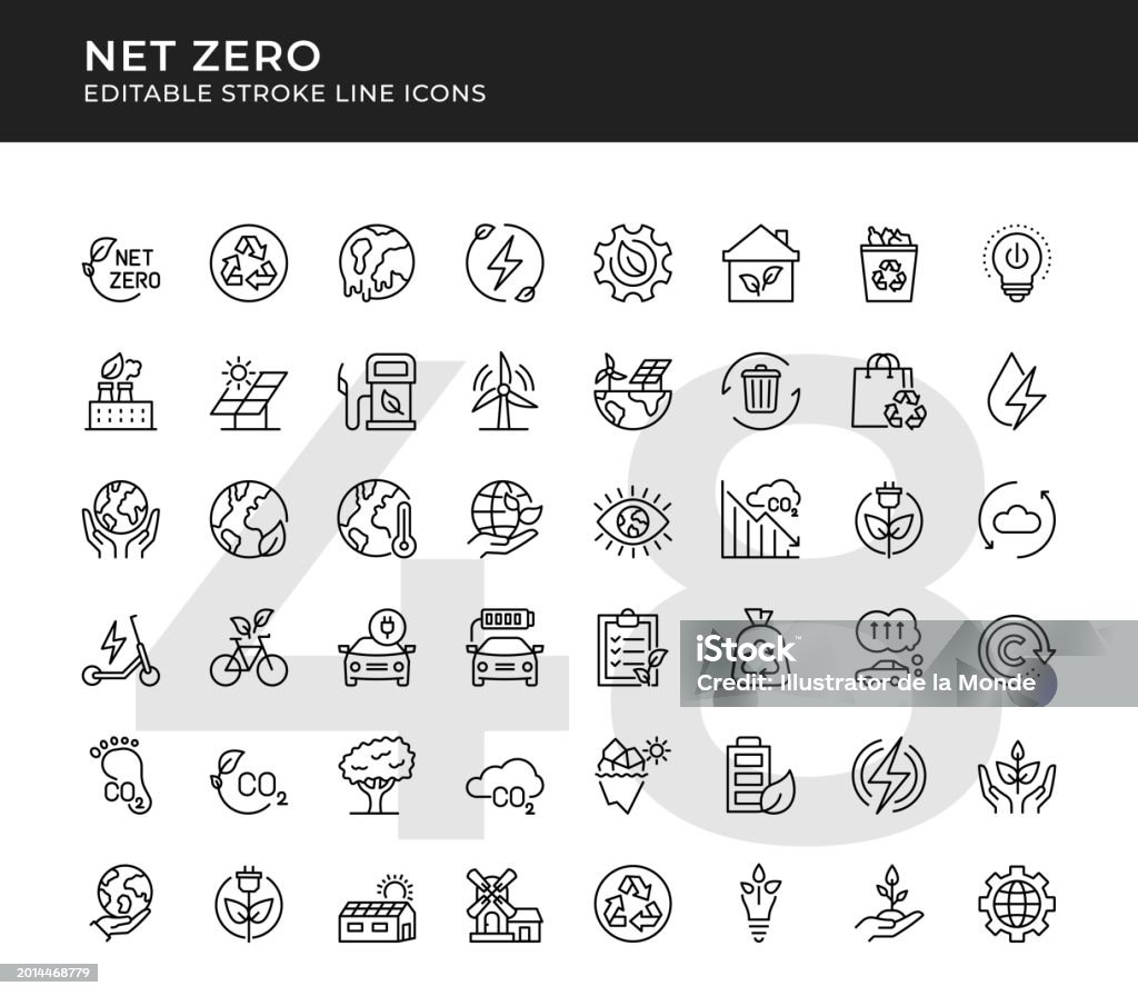 Icônes de ligne modifiables Net Zero - clipart vectoriel de Icône libre de droits Icônes de ligne modifiables Net Zero - clipart vectoriel de Icône libre de droits
