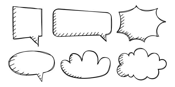 ilustraciones, imágenes clip art, dibujos animados e iconos de stock de set of hand drawn speech bubbles. vector illustration - line art welcome sign white black