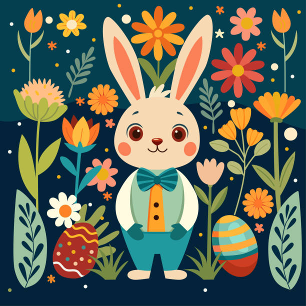 ilustrações de stock, clip art, desenhos animados e ícones de easter bunny with flowers and eggs. rabbit with folk flower elements. - easter traditional culture backgrounds basket