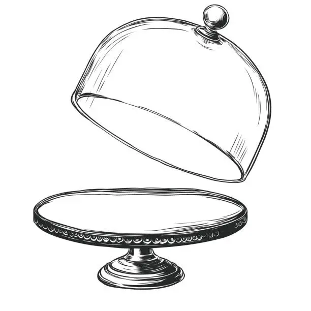 Vector illustration of France Glass Cloche for food, flower or home decor with decorative stand. glass stand cake dome in ink sketch. Engraving Vector illustration isolated on white background.