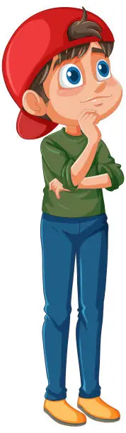 Vector illustration of Cartoon boy in casual attire looking contemplative