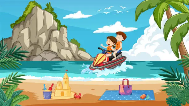 Vector illustration of Two people riding a jet ski near a sandy beach.