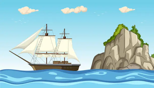 Vector illustration of Old-fashioned ship sailing near a cliff island.