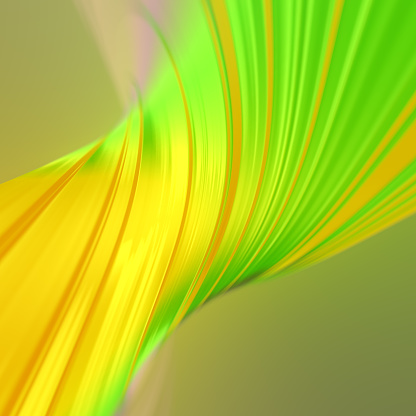 Digital illustration of a twisted, brightly colored abstract shape in green and yellow. The bright and bold colors create a visually appealing, dynamic composition. 3d rendering