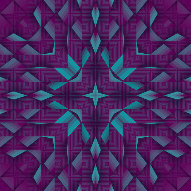 Symmetric geometric pattern of many triangular shapes with a blue-purple step gradient. Modern concept background. 3d rendering digital illustration