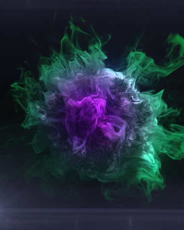 A bright and colorful explosion with intertwining swirls of green and purple smoke. The composition is artistic and abstract. 3d rendering digital illustration
