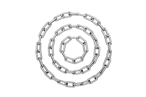 Metal chain is closed in a circle. Metal chain blank in a circle for your design. Metal chain on a transparent, white background.3D render.