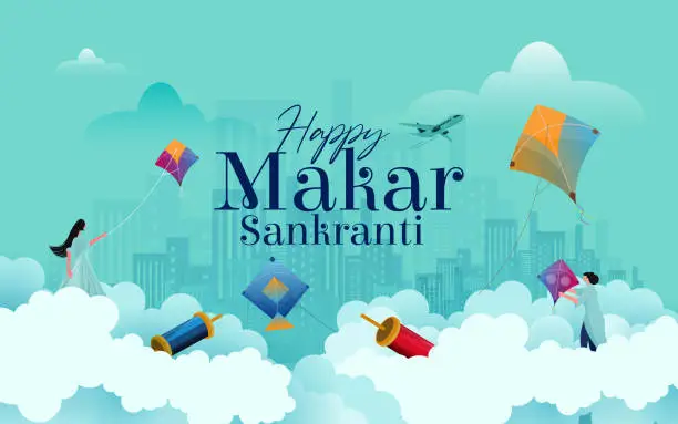 Vector illustration of Makar Sankranti. Holiday background with flying kites of different shapes and colors.