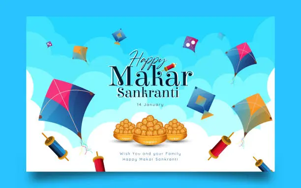 Vector illustration of Happy Makar Sankranti holiday background with kites