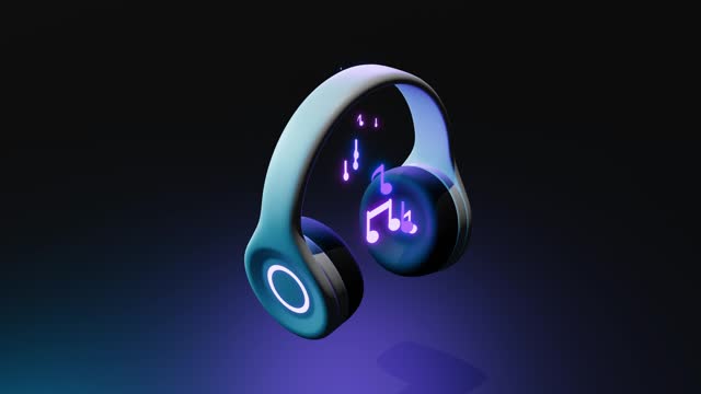 Headphones animation footage colorful music notes seamless loop background. Neon lights headphones audio with music notes animation. 4K. Template for music video clip or music compositions