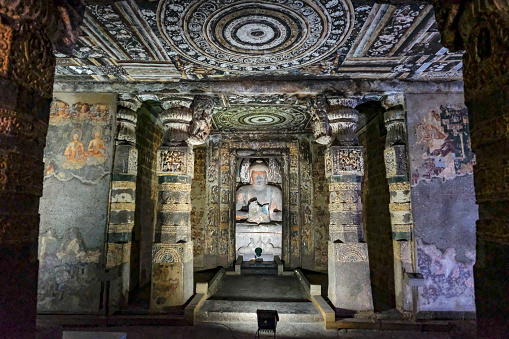 Ajanta, India - January 19, 2024: The Ajanta Caves are rock-cut Buddhist cave monuments in Ajanta, Aurangabad district, Maharashtra, India.