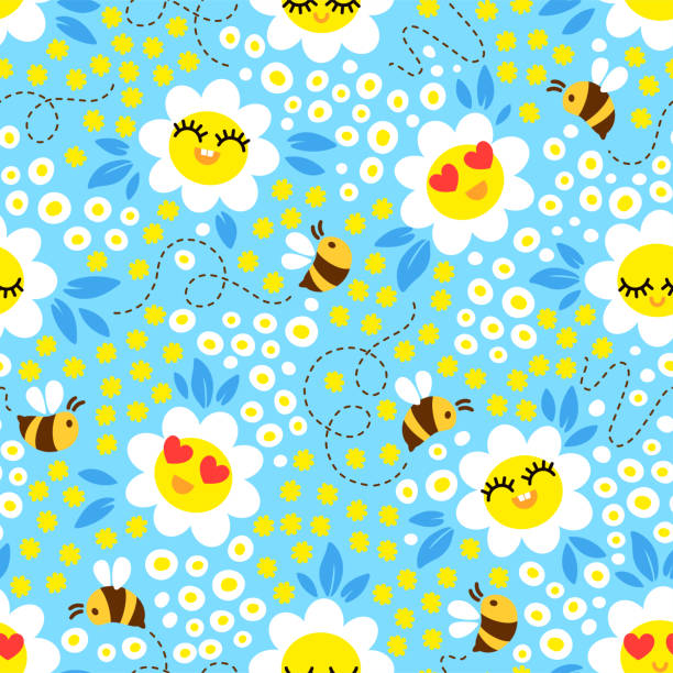 bees on blossom meadow. hand drown seamless vector pattern design - bee backgrounds chamomile plant fragility stock illustrations
