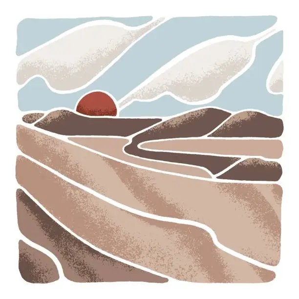 Vector illustration of Stylized abstract desert landscape. Painted scenery of sandy dunes with red sun on horizon. Wild sahara nature, wilderness view in minimal style. Modern art. Hand drawing flat vector illustration