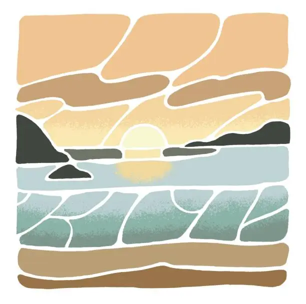 Vector illustration of Abstract sea landscape in minimal style. Seascape with sunset on horizon. Seashore view, wave on water, sand beach. Summer nature of coast. Modern boho art. Hand drawing flat vector illustration