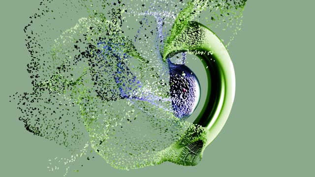 3d animation. Fantastic green torus and blue sphere in the center on lime background disappear. Fantastic background