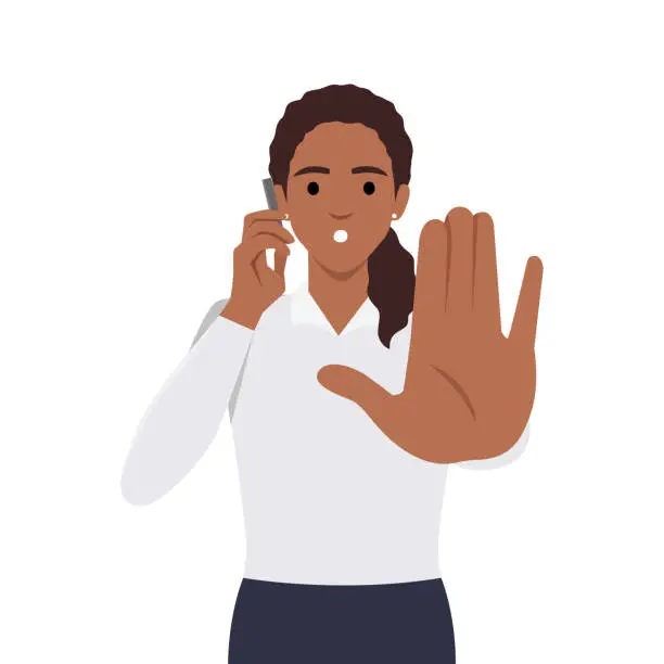 Vector illustration of Young woman with hand gesturing no or stop sign while talking on the phone.