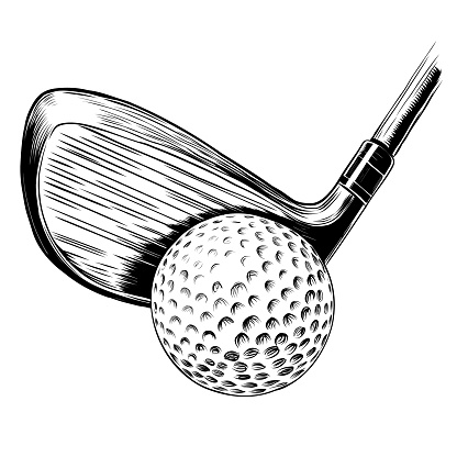 Golf club and ball engraving sketch. Golfing sport tournament. Golfer sports game league, golf championship on professional course, competition. Vector illustration isolated on white