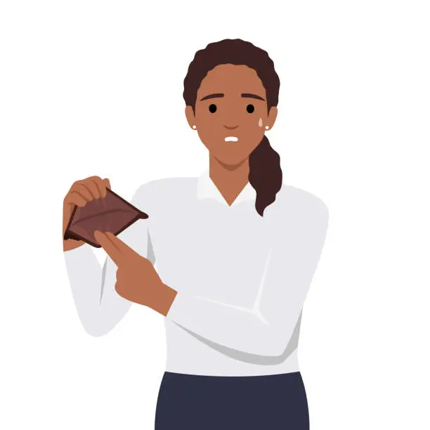 Vector illustration of Young unhappy woman showing empty wallet. Financial Failure.
