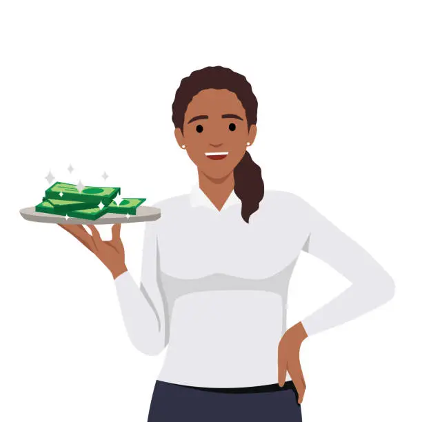 Vector illustration of Young business woman serving money.