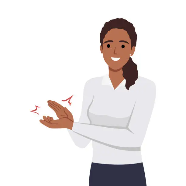 Vector illustration of Young woman clapping hands thanking or showing appreciation at event.