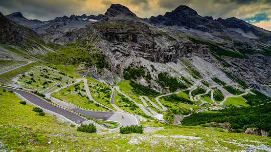 Multiple hairpin bends on the road up the Stelvio Pass from Bormio in the Italin Alps. Famous climb of the Giro d'Italia