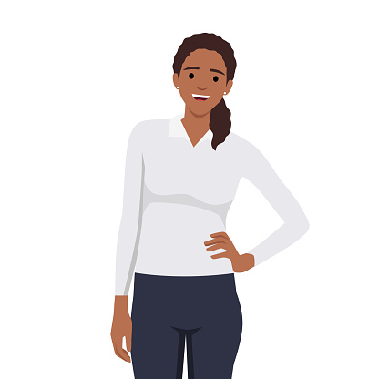 Young woman wearing casual office suit and stands with poses one hand in waist. Flat vector illustration isolated on white background
