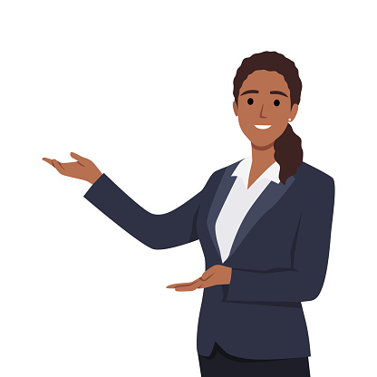 Young Beautiful Business Woman Executive doing a presentation. Flat vector illustration isolated on white background