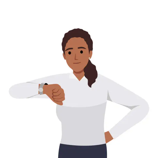 Vector illustration of Young woman checking the time by looking at her wrist watch. Time management concept.