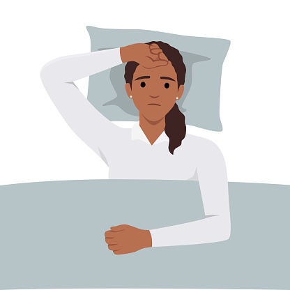 Young woman suffers from insomnia cause of mental problems, insomniac ideas. Girl lying in bed, thinking about deadline. Flat vector illustration isolated on white background