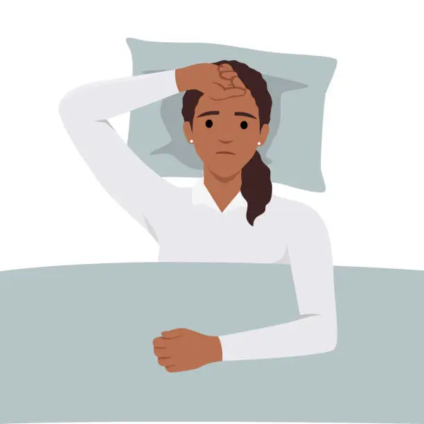 Vector illustration of Young woman suffers from insomnia cause of mental problems, insomniac ideas. Girl lying in bed, thinking about deadline.