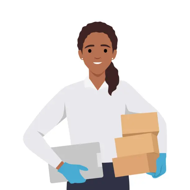 Vector illustration of Delivery woman employee holding boxes and clipboard.