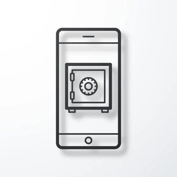 Vector illustration of Smartphone with safe box. Line icon with shadow on white background