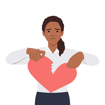 Young woman hand tearing apart a paper heart. broken heart and sad emotionally. Flat vector illustration isolated on white background