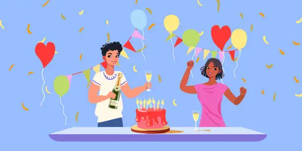 Vector illustration of Birthday party with office colleagues and friends from work. Giving cake and using confetti. Happy girl sits at table with near business partner who congratulated on birthday.