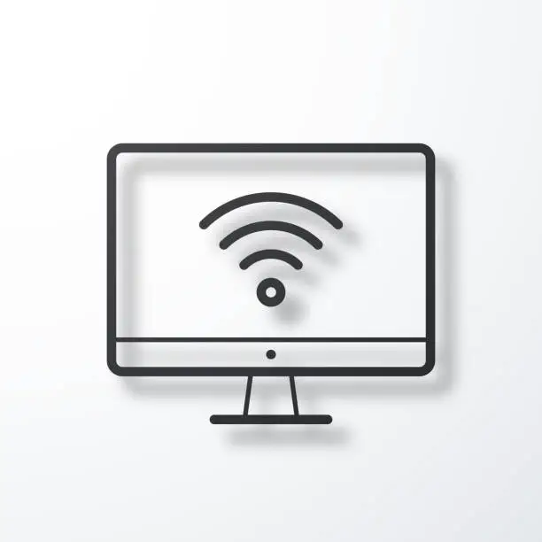 Vector illustration of Desktop computer with wifi. Line icon with shadow on white background