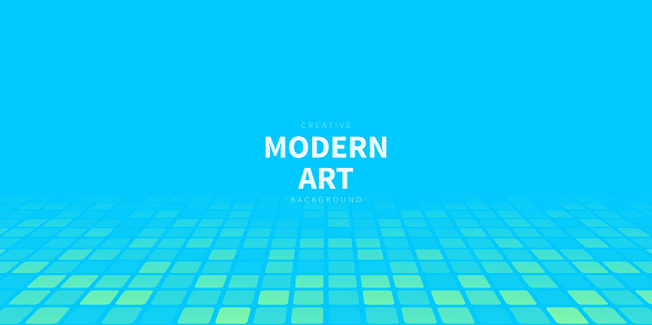 Modern and trendy background. Geometric design with a mosaic of squares, looking like a dance floor. Beautiful color gradient. This illustration can be used for your design, with space for your text (colors used: Green, Turquoise, Blue). Vector Illustration (EPS file, well layered and grouped), wide format (2:1). Easy to edit, manipulate, resize or colorize. Vector and Jpeg file of different sizes.