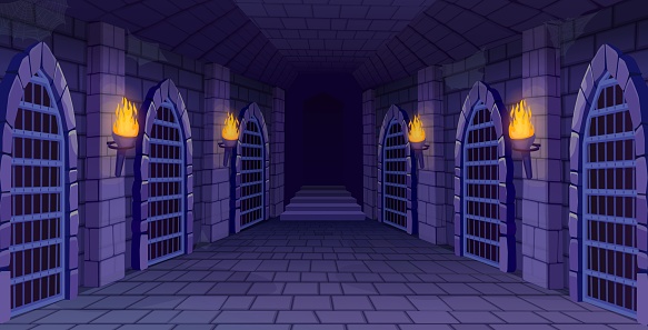 Dungeon interior. Masonry space medieval castle underground basement inside, ancient creepy house dark interior prison gate somber game art background ingenious vector illustration