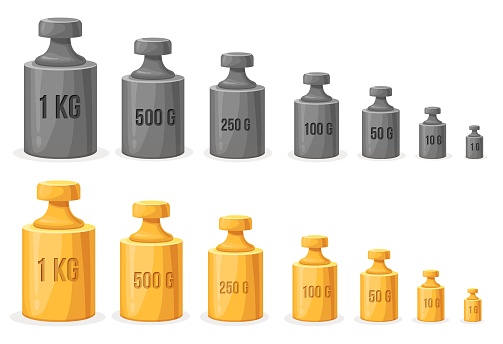 Calibration weights. Steel weight unit measurement equipment for libra scales, metal mass kilogram standard measure for scale accuracy balance, neat vector illustration of weight unit, measure balance