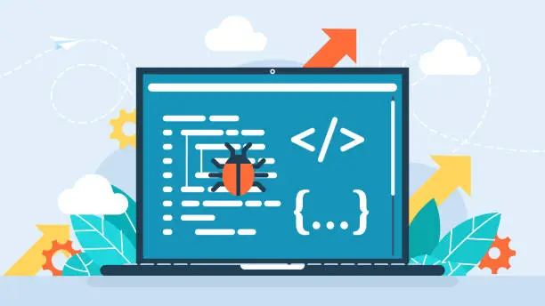 Vector illustration of Deleting malware, virus, bug or system error. Fixing program code. Bug error notification popup on software testing concept of testing software on laptop. Search of bugs and virus. Vector illustration