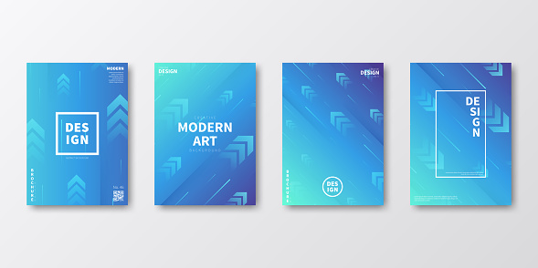 Set of four vertical brochure templates with modern and trendy backgrounds, isolated on blank background. Abstract illustrations with rising arrows and a motion effect. Beautiful color gradient (colors used: Turquoise, Blue, Purple). Can be used for different designs, such as brochure, cover design, magazine, business annual report, flyer, leaflet, presentations... Template for your own design, with space for your text. The layers are named to facilitate your customization. Vector Illustration (EPS file, well layered and grouped). Easy to edit, manipulate, resize or colorize. Vector and Jpeg file of different sizes.