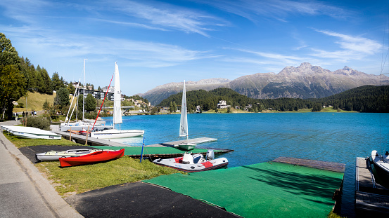 Holidays in Switzerland - view of Lake Sankt Moritz with small marina