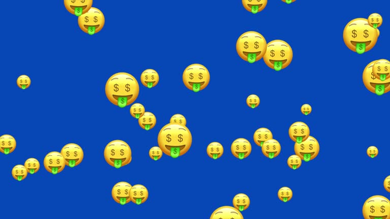 Dollar eyes emoji. Money face emoticon with green tongue. Yellow face emoji. Animated flying emojis. Social media icons symbol animation with blue screen background.