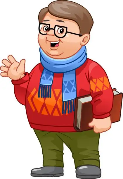 Vector illustration of Young man nerd. Student geek character holds book.