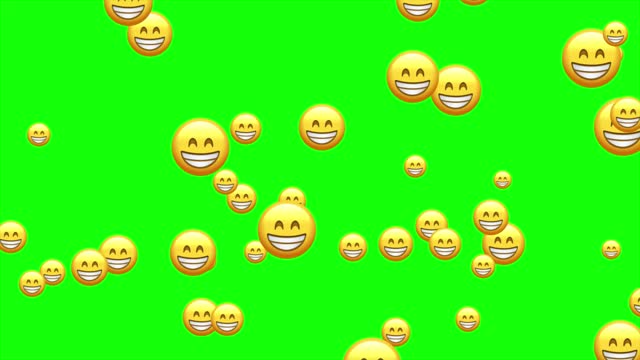 Dimpled smile emoji. Happy smiling emoticon, wide smiled yellow face. Animated flying emojis Social media icons symbol animation with green screen background.