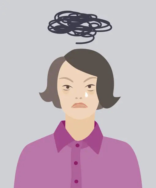 Vector illustration of Emotional angry woman, menopause symptoms in women.
