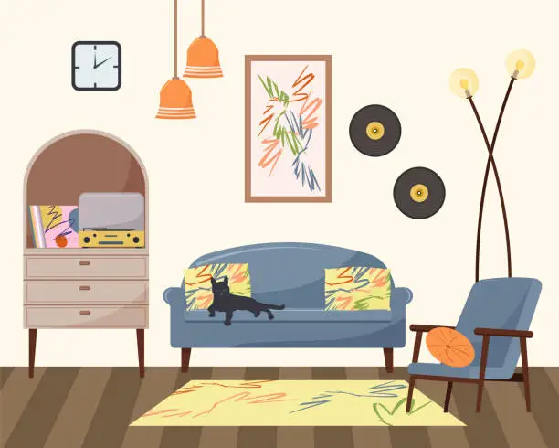 Vector illustration of Living room furniture illustration. A sofa, a cabinet with a record player and records, an armchair with cushions.